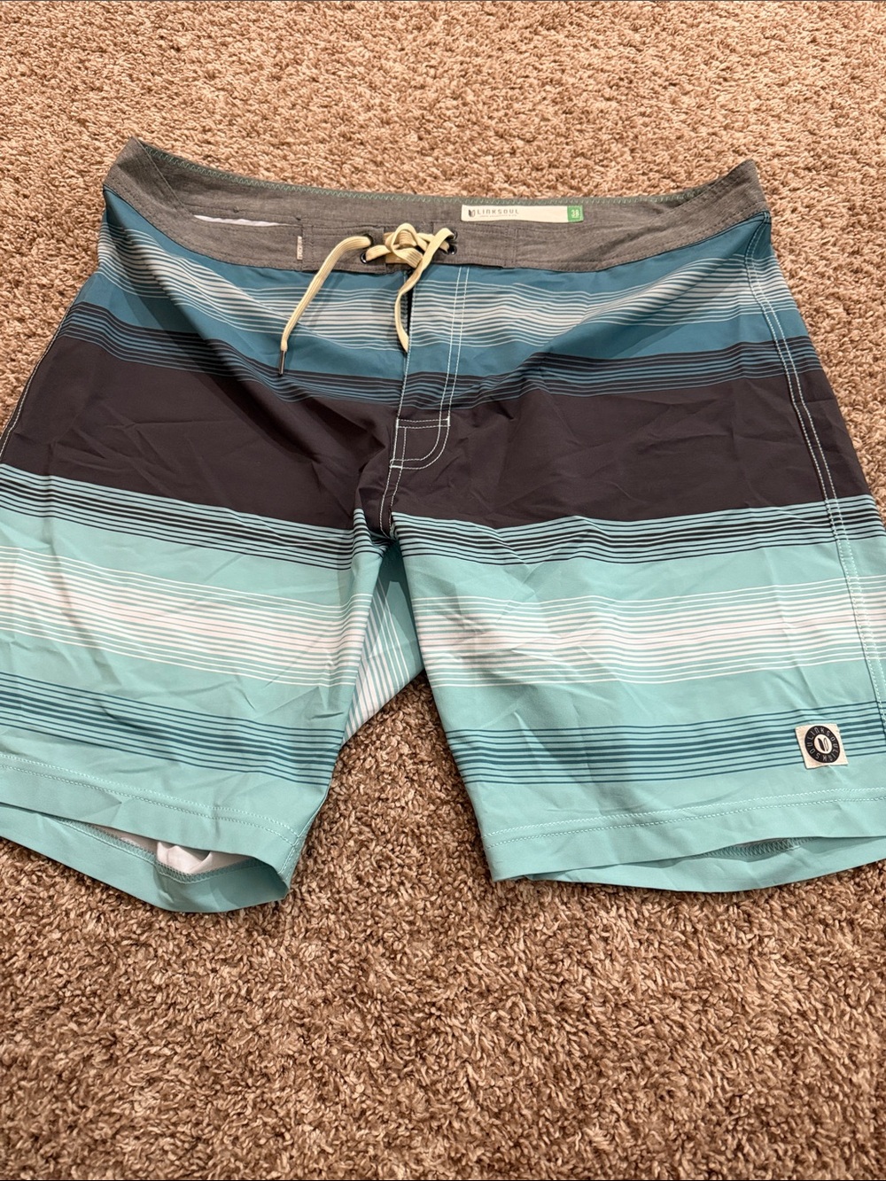Linksoul Teal and Navy Horizontal Stripe Men’s Board Shorts